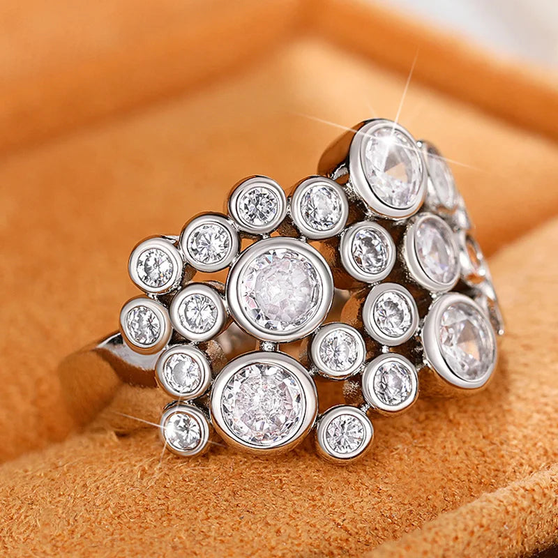 Huitan Trendy Women Rings Full with Round Cubic Zirconia Silver Color High-quality Wedding Bands Accessories Modern Jewelry 2023