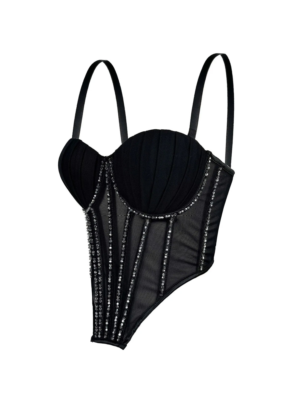 Sexy Mesh Design Camisole Vest Style Ladies Corset Tops with Chest Cushion Sparkling Diamond Decoration Fishbone Lingerie Tops
