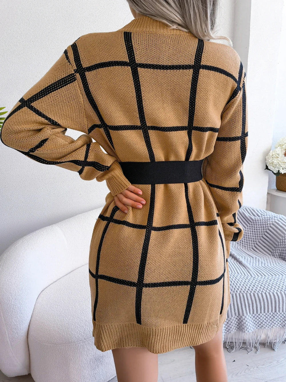 Women Casual Plaid Long Sleeve Knitted Sweater Dress 2026 Autumn Winter Clothes Without The Belt