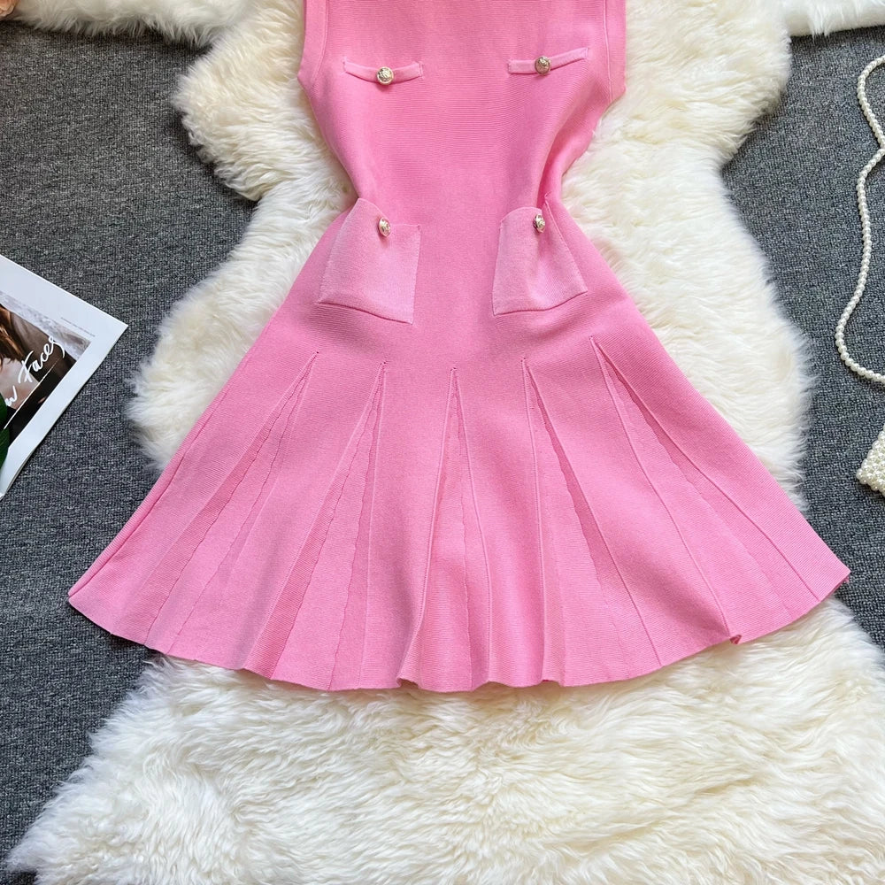 YuooMuoo Chic Fashion 2026 Summer Pleated Short Dress Women O-neck Slim Waist A-line Party Dress Streetwear Lady Outfits Vestido