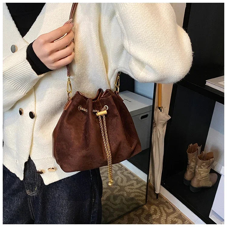 Soft Solid Faux Suede Simple Commuting Crossbody Bags 2026 Hot Sale Sewing Sweet Bags for Women Thread String Women's Handbags