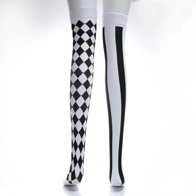 Clown Asymmetrical Striped Printed Over Knee Long Sock Halloween Thigh Highs Stockings Cosplay Costume Tights for Women