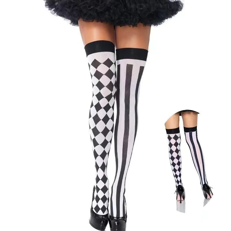 Clown Asymmetrical Striped Printed Over Knee Long Sock Halloween Thigh Highs Stockings Cosplay Costume Tights for Women