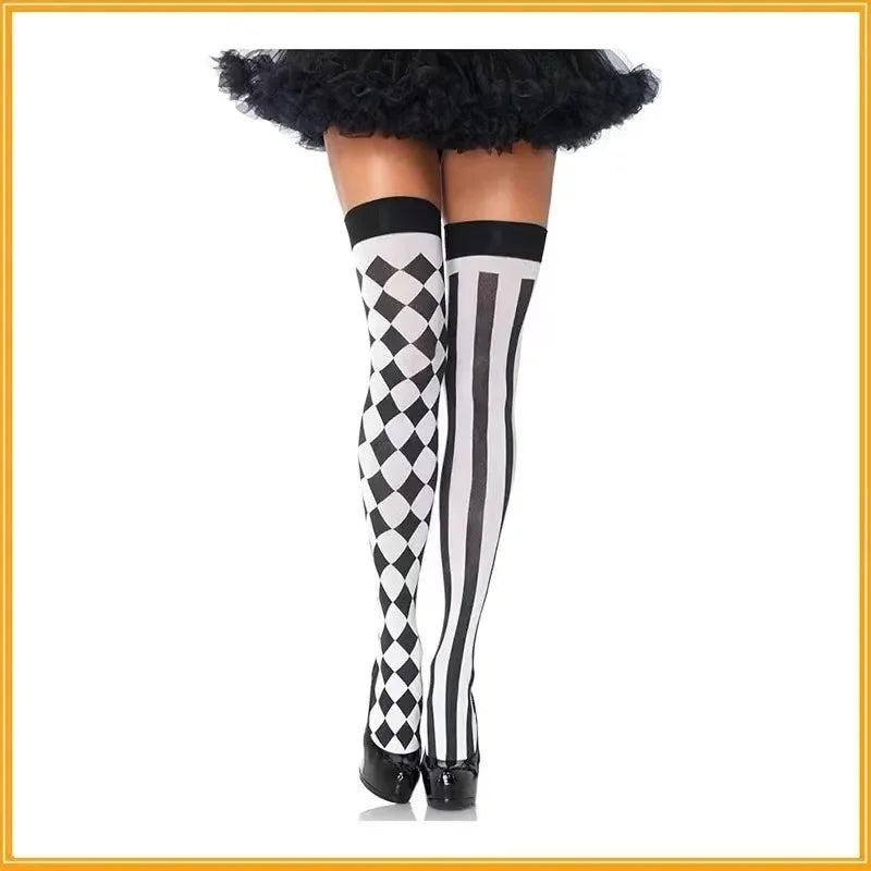 Clown Asymmetrical Striped Printed Over Knee Long Sock Halloween Thigh Highs Stockings Cosplay Costume Tights for Women