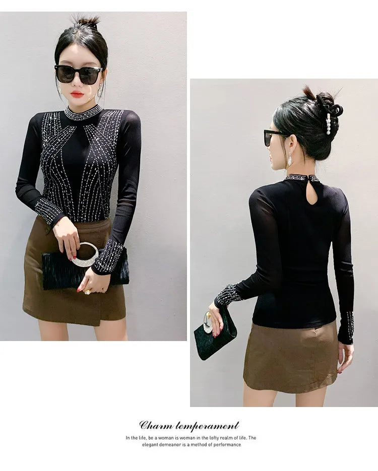 2025 European Station Long Sleeve Women Tees Autumn Winter New Stand collar Hot Diamond T Shirt Fashion Slim Mesh Tops
