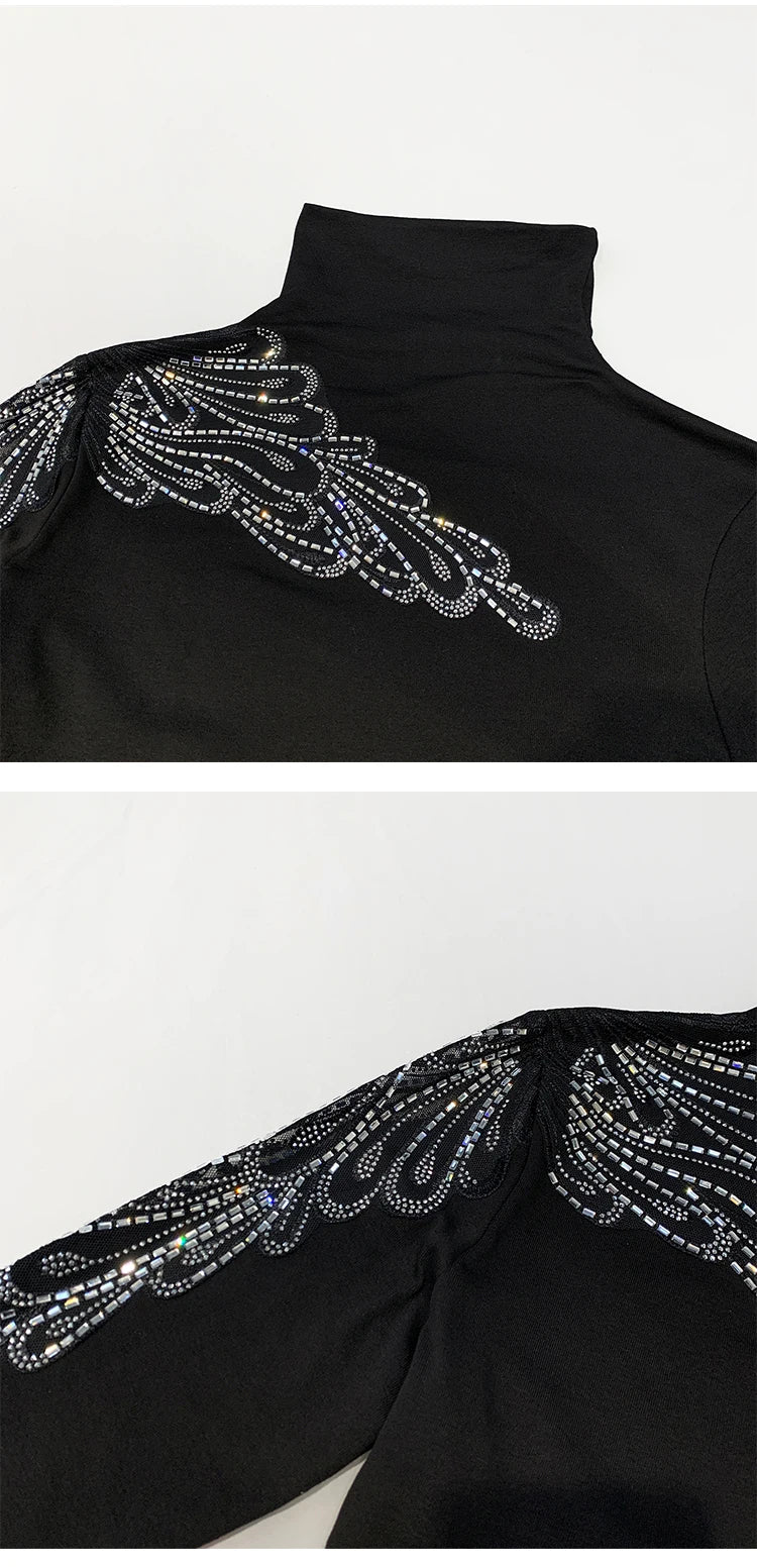 2025 European Station Long Sleeve Women Tees Autumn Winter New Stand collar Hot Diamond T Shirt Fashion Slim Mesh Tops