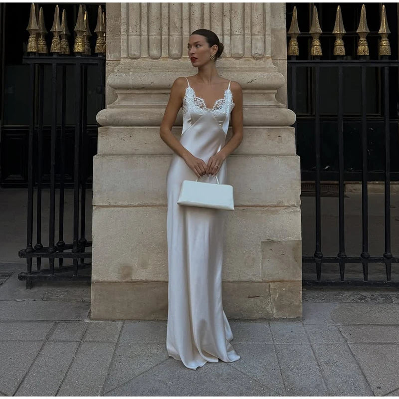 Sexy Satin Sling Maxi Dress Women V-neck Lace Patchwork Sleeveless Backless Slim Dresses 2026 Lady Chic Vacation White Robe