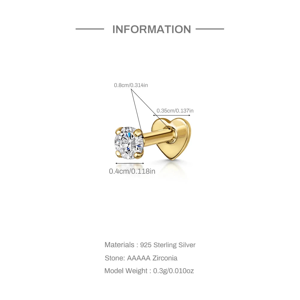 Aide 925 Sterling Silver Heart Flat Push-Back Zircon Pendiente Piercing Stud Earrings For Women K Gold Simple Elegant Jewelry