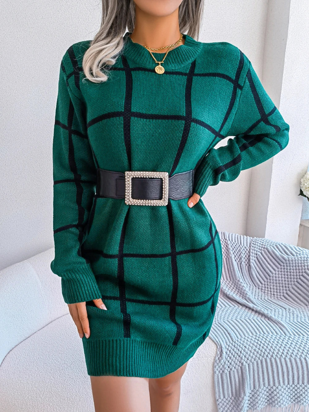Women Casual Plaid Long Sleeve Knitted Sweater Dress 2026 Autumn Winter Clothes Without The Belt