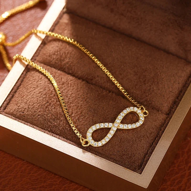 Huitan Elegant Infinity Shaped Bracelet for Women Gold Color Adjustable Box Chain Dazzling CZ Temperament Female Hand Jewelry