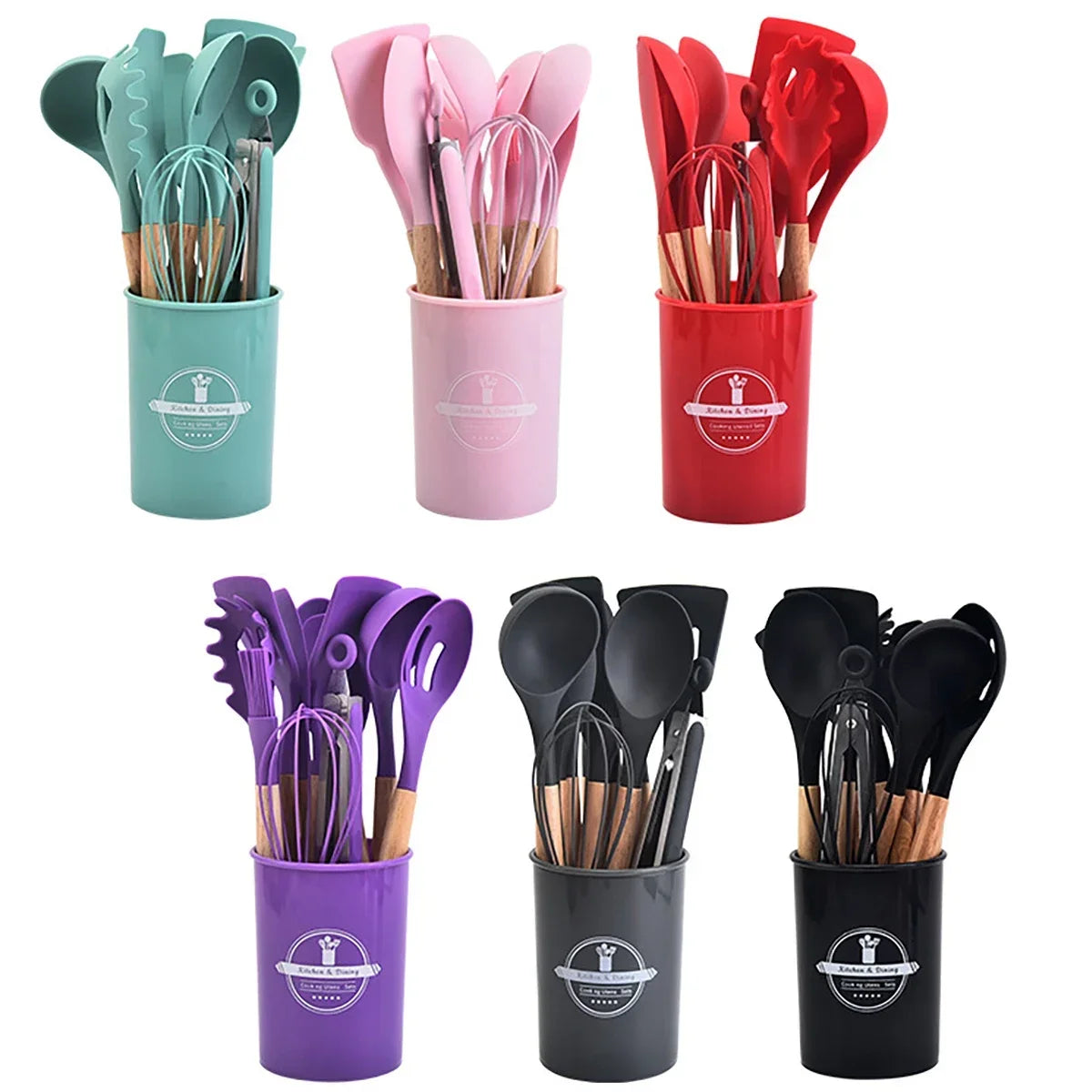 12Pcs/5pcs Silicone Kitchenware Non-Stick Cookware Kitchen Utensils Set Spatula Shovel Egg Beater Wooden Handle Cooking Tool Set