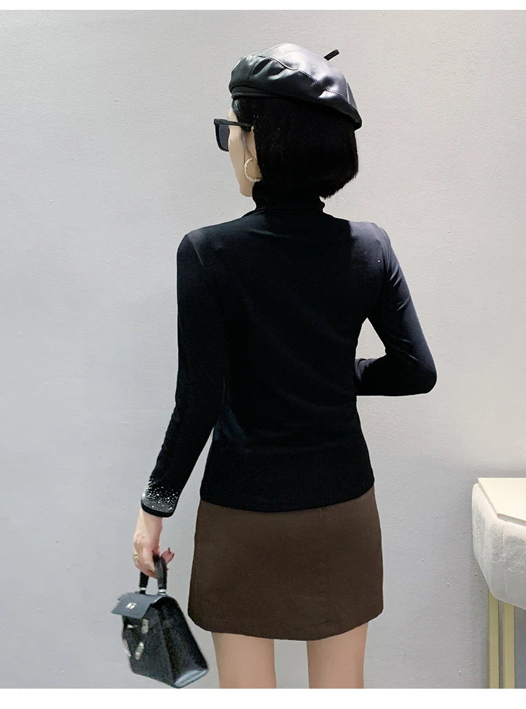 2025 European Station Long Sleeve Women Tees Autumn Winter New Stand collar Hot Diamond T Shirt Fashion Slim Mesh Tops