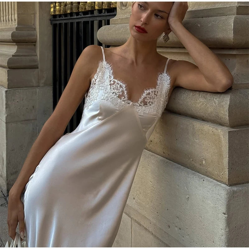 Sexy Satin Sling Maxi Dress Women V-neck Lace Patchwork Sleeveless Backless Slim Dresses 2026 Lady Chic Vacation White Robe