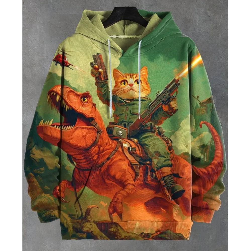2026 Men's Hoodies Funny Cat Dinosaur UFO Art 3D Printed Cartoon Sweatshirt Men Women Tracksuit Oversized Casual Street Y2k Coat