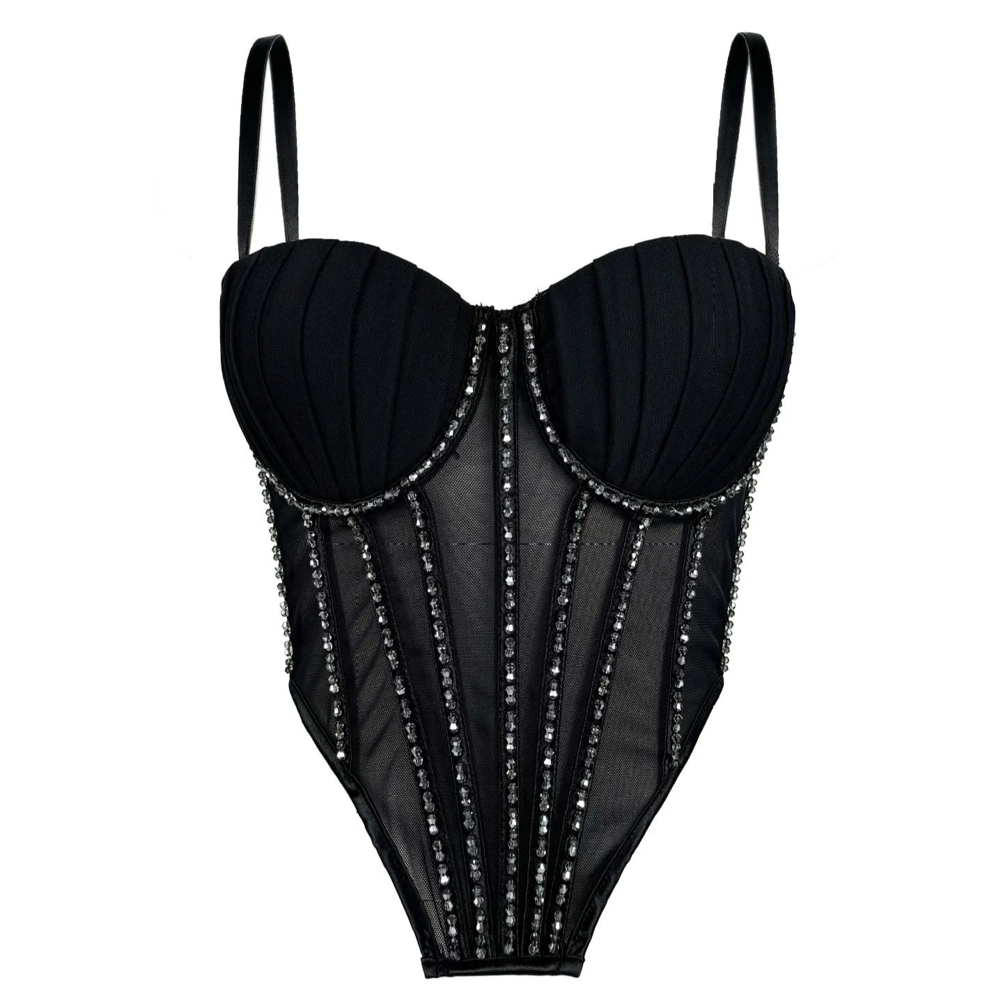 Sexy Mesh Design Camisole Vest Style Ladies Corset Tops with Chest Cushion Sparkling Diamond Decoration Fishbone Lingerie Tops