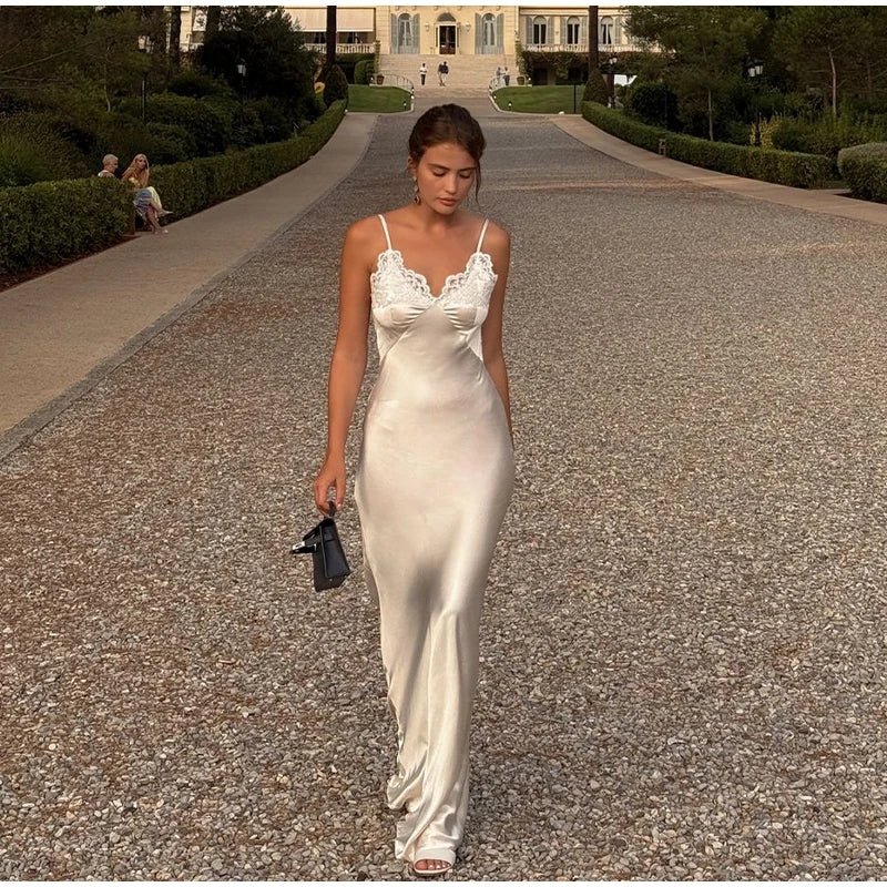 Sexy Satin Sling Maxi Dress Women V-neck Lace Patchwork Sleeveless Backless Slim Dresses 2026 Lady Chic Vacation White Robe