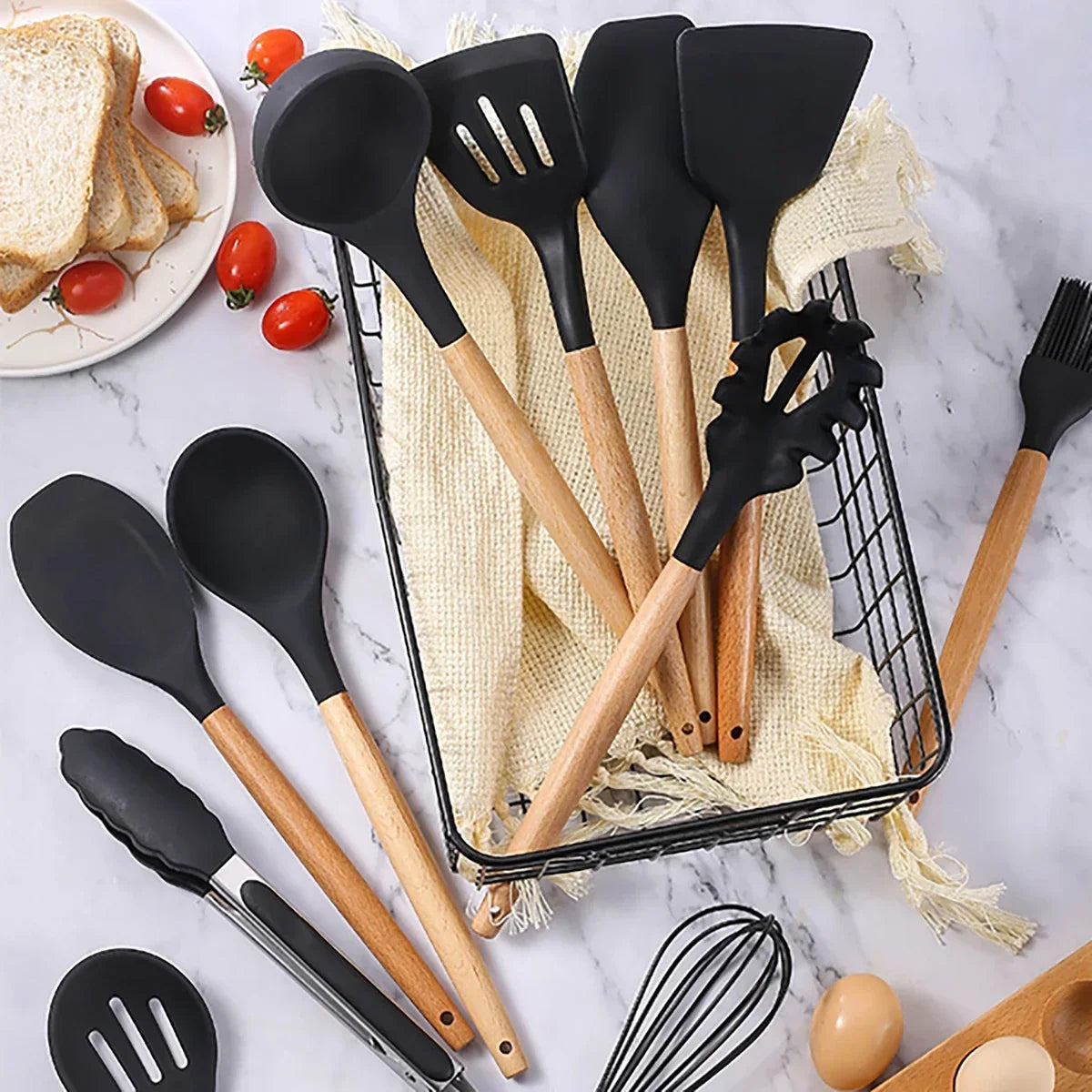 12Pcs/5pcs Silicone Kitchenware Non-Stick Cookware Kitchen Utensils Set Spatula Shovel Egg Beater Wooden Handle Cooking Tool Set