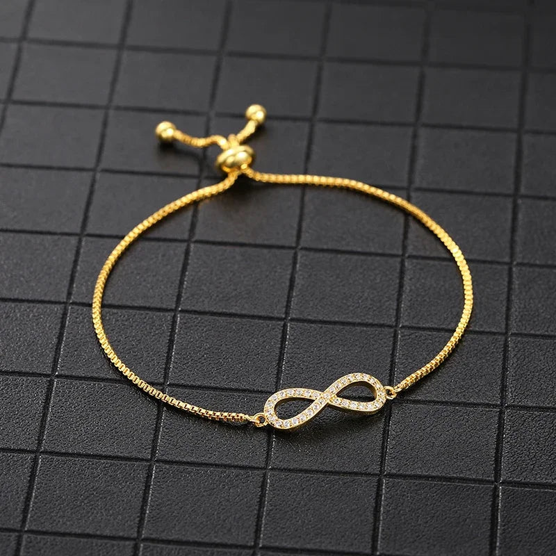 Huitan Elegant Infinity Shaped Bracelet for Women Gold Color Adjustable Box Chain Dazzling CZ Temperament Female Hand Jewelry