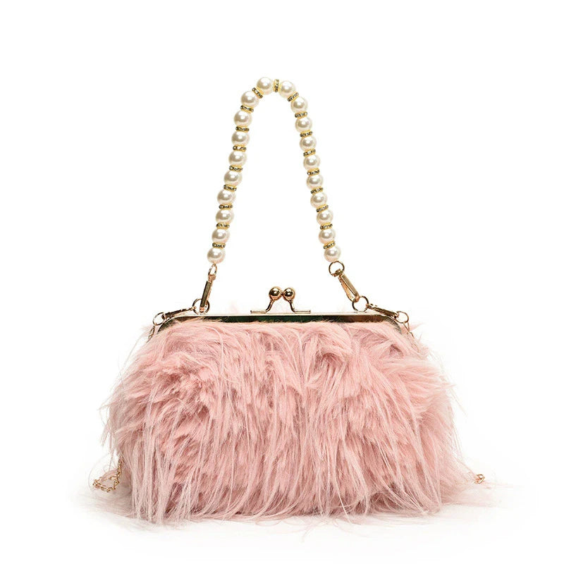 French Square Evening Banquet Bag Handle Pearls Plush Handbag Large Capacity Lock Buckle Shoulder Crossbody Bag Wedding