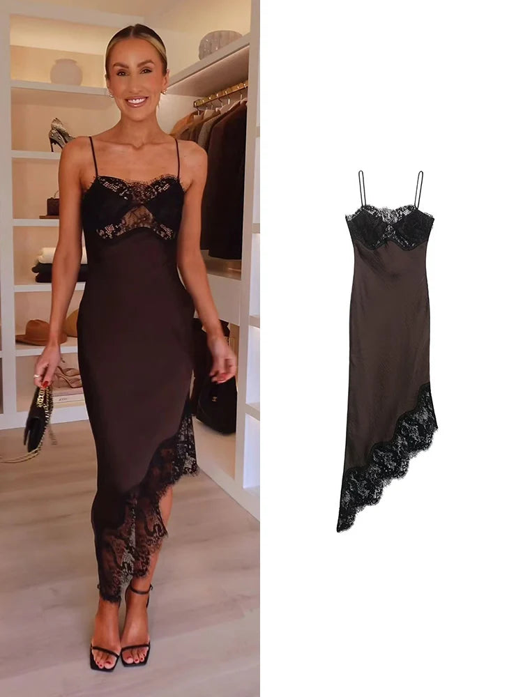 Women Lace Patchwork Sling Dress Casual Solid Color Sleeveless Irregular Hem High Street 2026 Summer Female Holiday Robe New