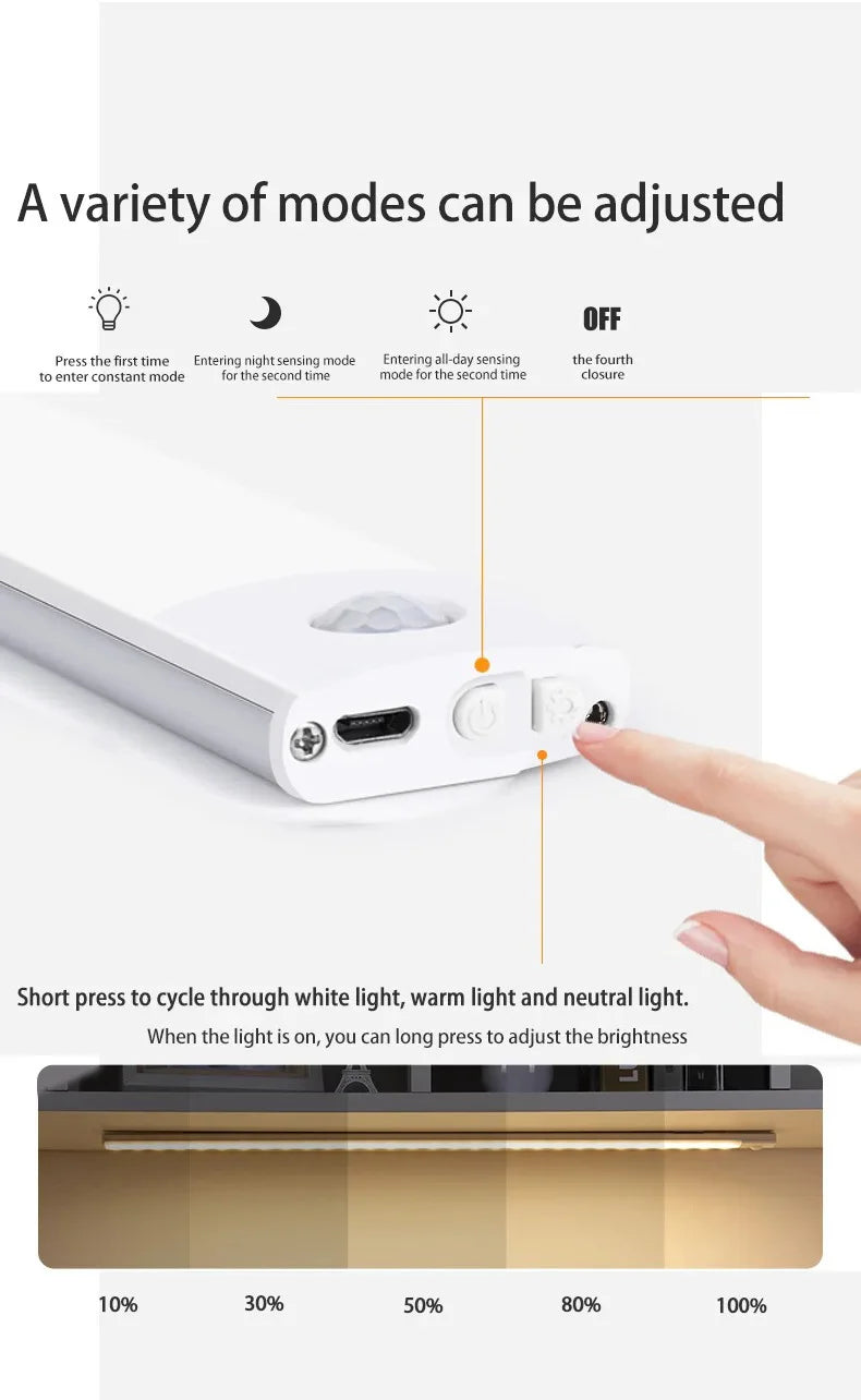 LED Bar Light Under Cabinet Lighting Motion Sensor USB Rechargeable Magnetic for Kitchen Closet Night Light