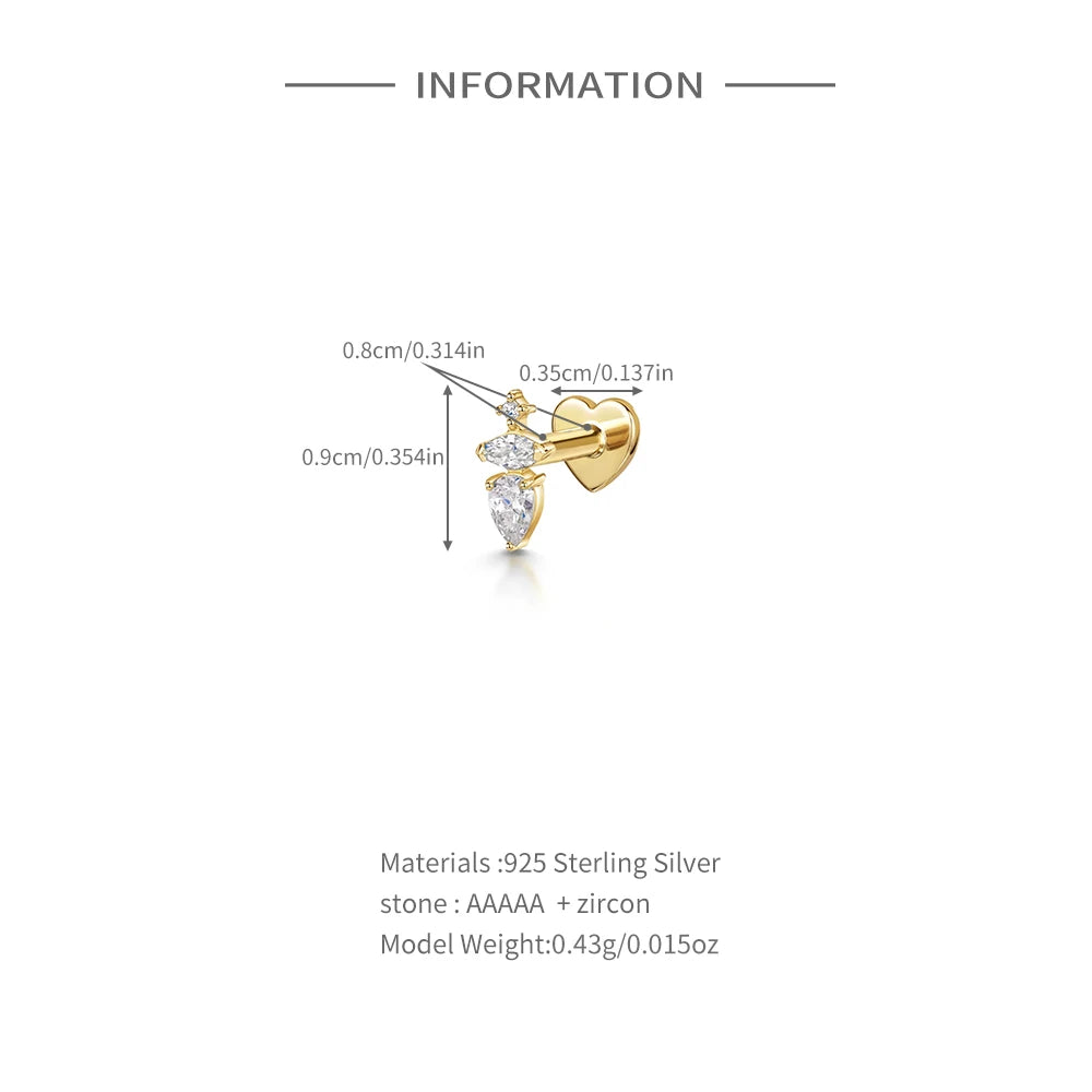 Aide 925 Sterling Silver Heart Flat Push-Back Zircon Pendiente Piercing Stud Earrings For Women K Gold Simple Elegant Jewelry