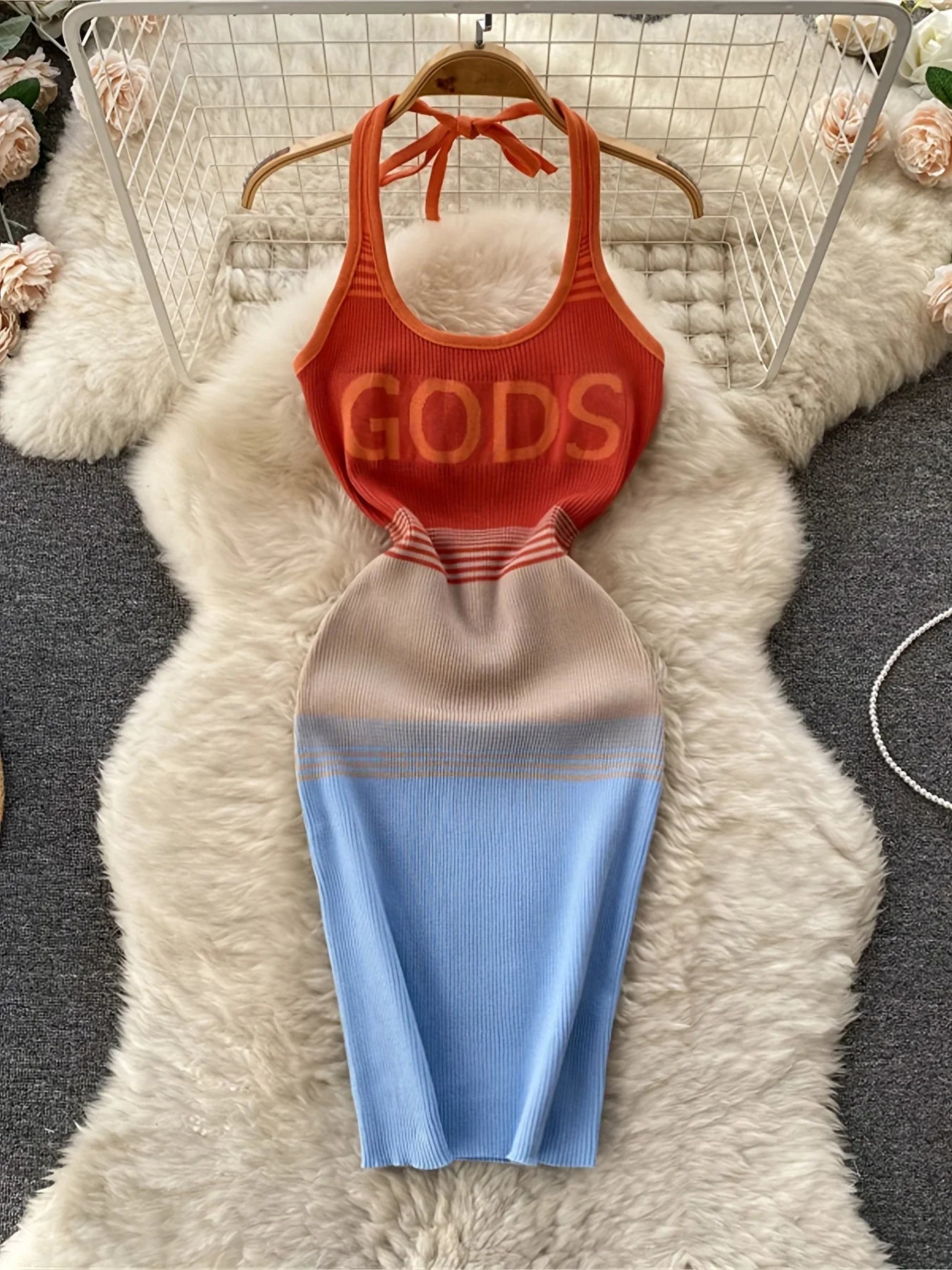 2026 Women's Color Block Bodycon Halter Dress  Sexy and Backless for Spring and Summer Short Sundress Outfit