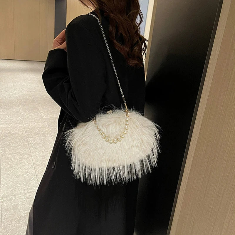 French Square Evening Banquet Bag Handle Pearls Plush Handbag Large Capacity Lock Buckle Shoulder Crossbody Bag Wedding
