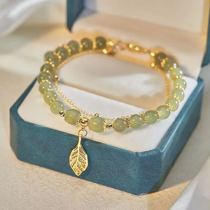 2026Chinese Style Green Jade Bracelet For Women Exquisite Gold Color Leaves Wrist Strap Bangle Double Chain Bracelet Girls Gifts