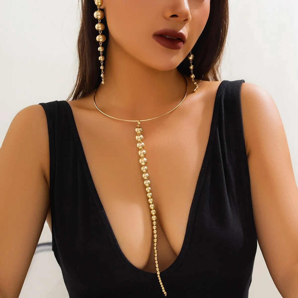 Punk Acrylic CCB Big Ball Bead Chain Necklace Drop Earrings for Women Vintage Chunky Clavicle Chain Grunge Jewelry Set Steampunk