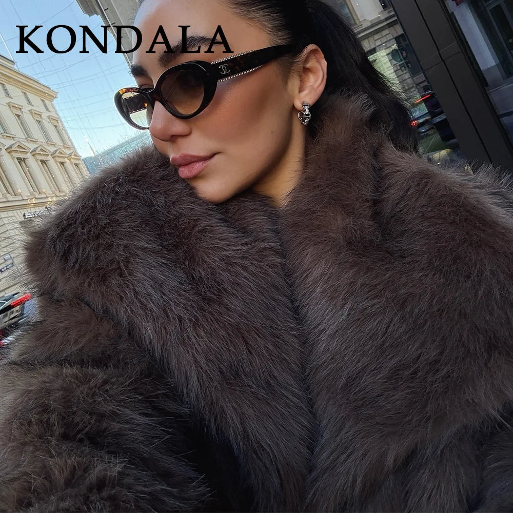 KONDALA 2025 Fall Winter Casual Faux Fur Brown Women Warm Jackets Streetwear Turn Down Collar Christmas Oversized Elegant Coats