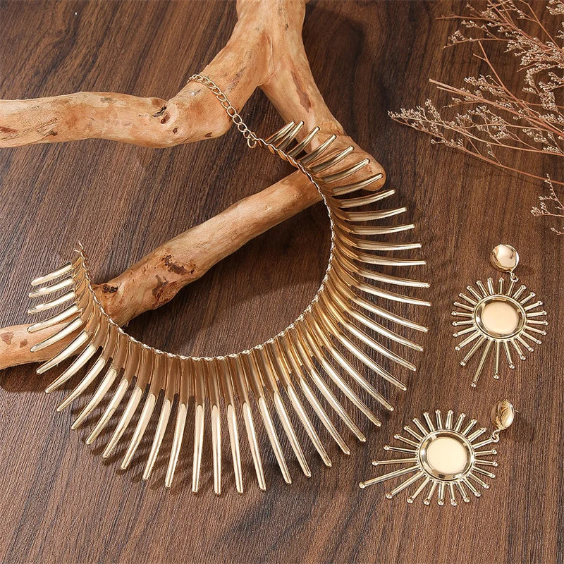 Fashion Jewelry Set African Gold Color Metal Big Exaggerated Choker Necklace And Earrings Set For Women Party Accessories