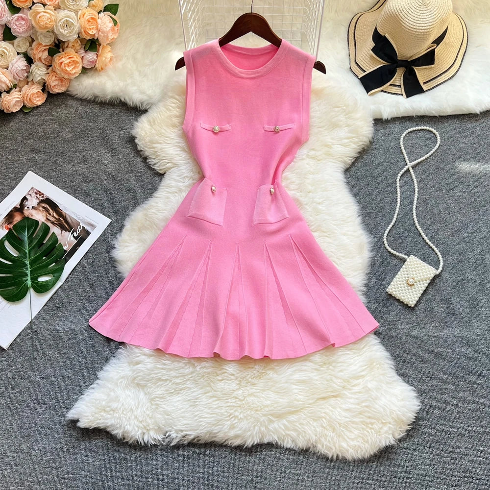 YuooMuoo Chic Fashion 2026 Summer Pleated Short Dress Women O-neck Slim Waist A-line Party Dress Streetwear Lady Outfits Vestido