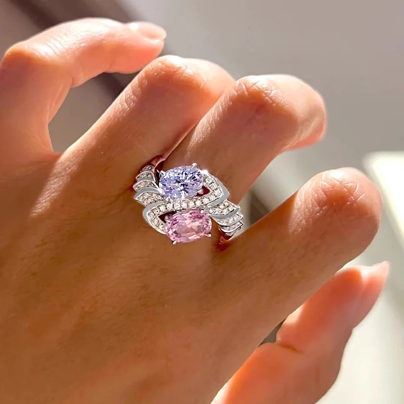 Huitan Charming Purple/Pink Cubic Zirconia Women Rings Romantic Bridal Wedding Accessories Sparkling Rings Party Fashion Jewelry