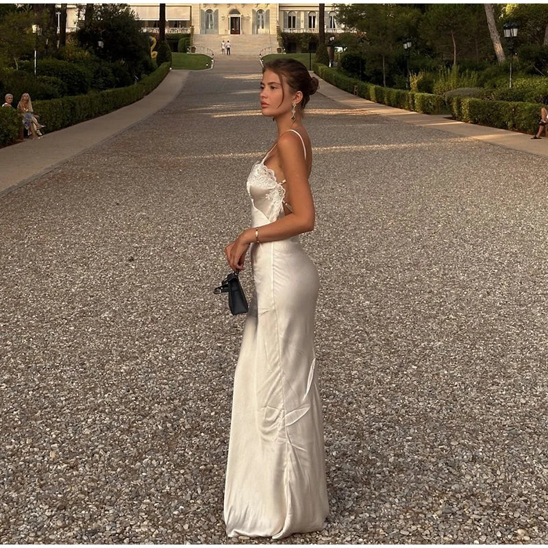 Sexy Satin Sling Maxi Dress Women V-neck Lace Patchwork Sleeveless Backless Slim Dresses 2026 Lady Chic Vacation White Robe