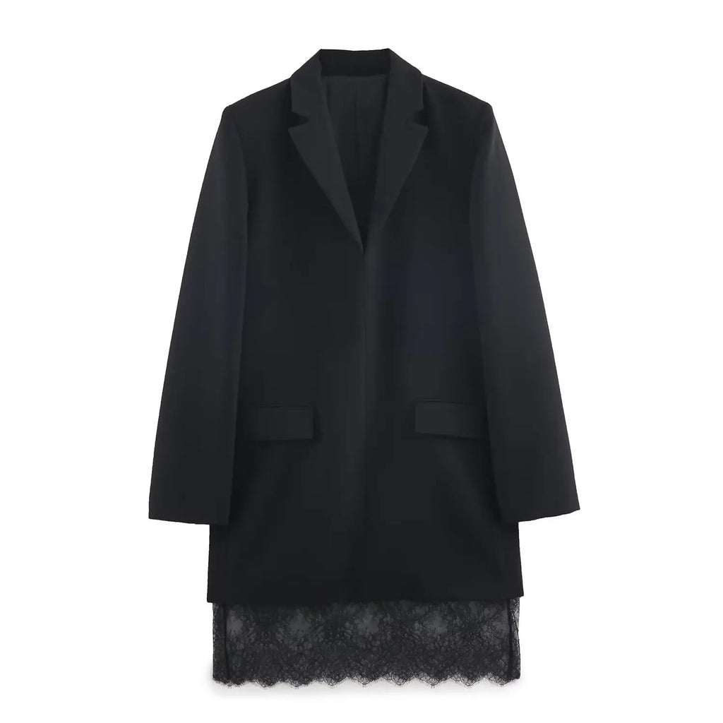 TFMLN 2026 Women Lace-trim Blazer Dress Fashion Notched Long Sleeve Pullover Causal Chic Dress Elegant Office Lady Pockets Dress