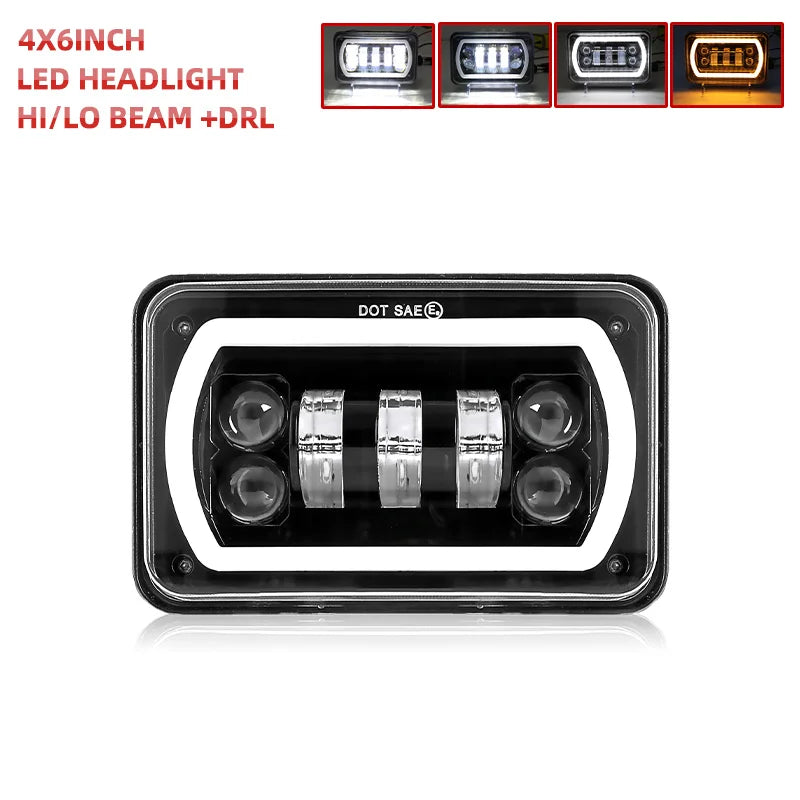 HL 4X6inch Black Square LED Headlight 2Color DRL LED Driving Light For Honda Offroad Trucks Accessories Rectangular Light 12V