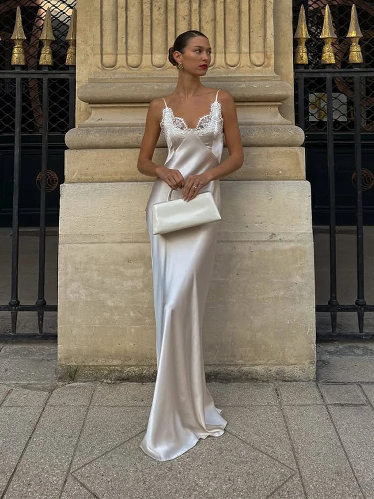 Sexy Satin Sling Maxi Dress Women V-neck Lace Patchwork Sleeveless Backless Slim Dresses 2026 Lady Chic Vacation White Robe