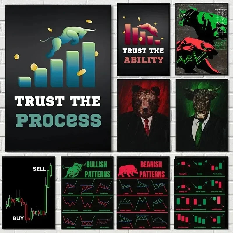 Neon Bulls&Bears Stock Market Trading Quotes Trust The Process and Ability Canvas Poster Wall Pictures Home Office Decor Gift