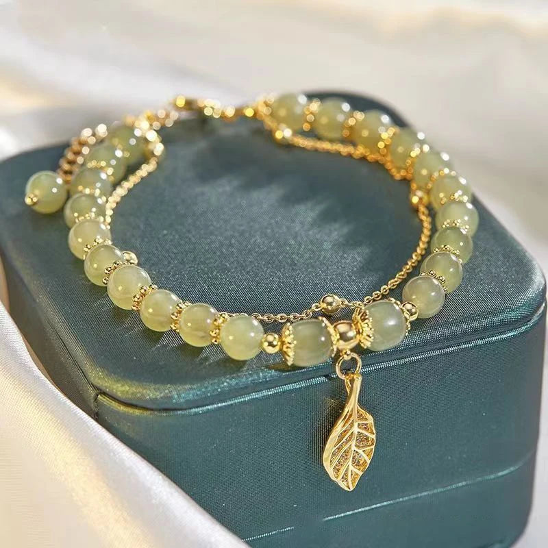 2026Chinese Style Green Jade Bracelet For Women Exquisite Gold Color Leaves Wrist Strap Bangle Double Chain Bracelet Girls Gifts