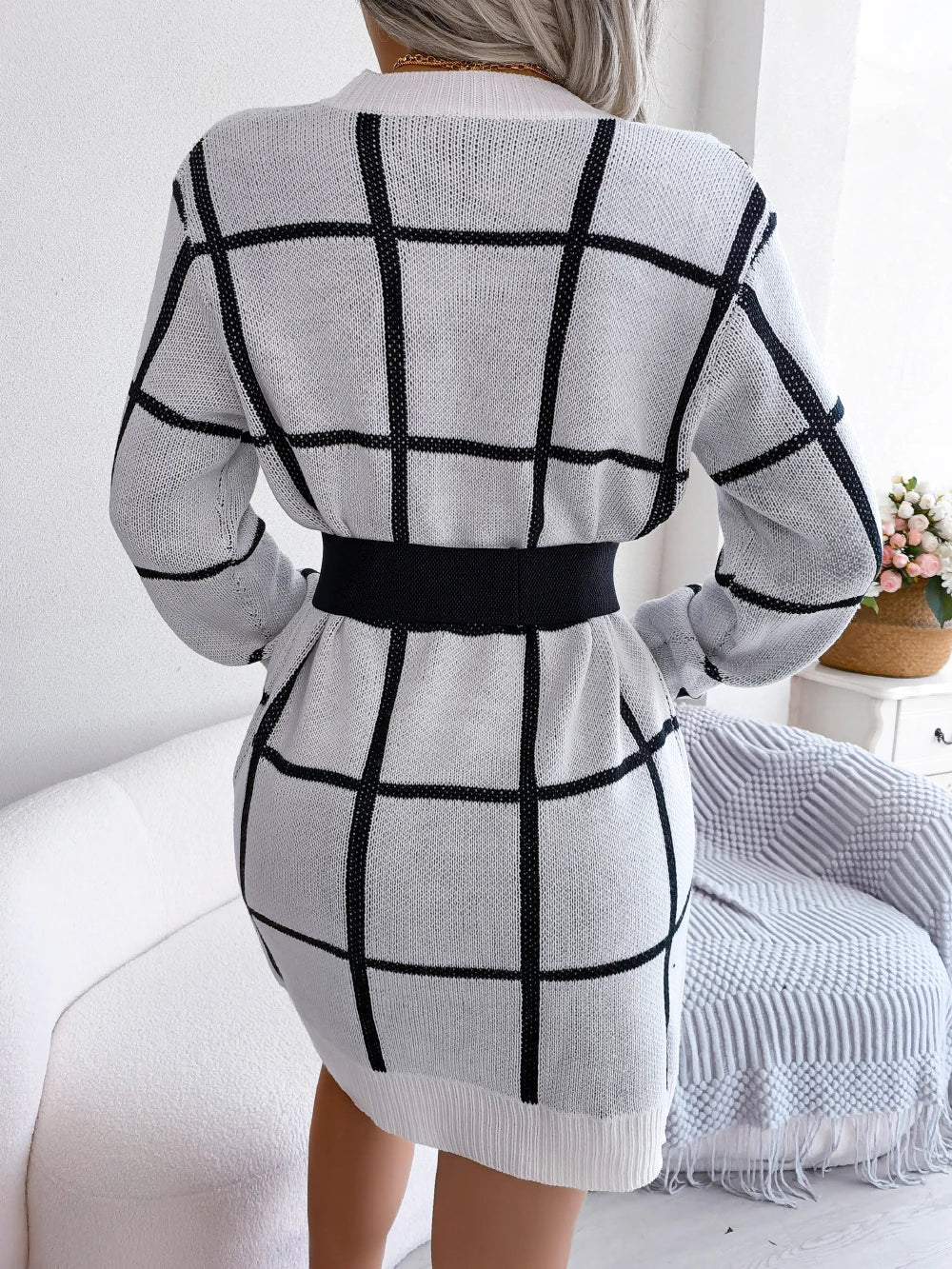Women Casual Plaid Long Sleeve Knitted Sweater Dress 2026 Autumn Winter Clothes Without The Belt