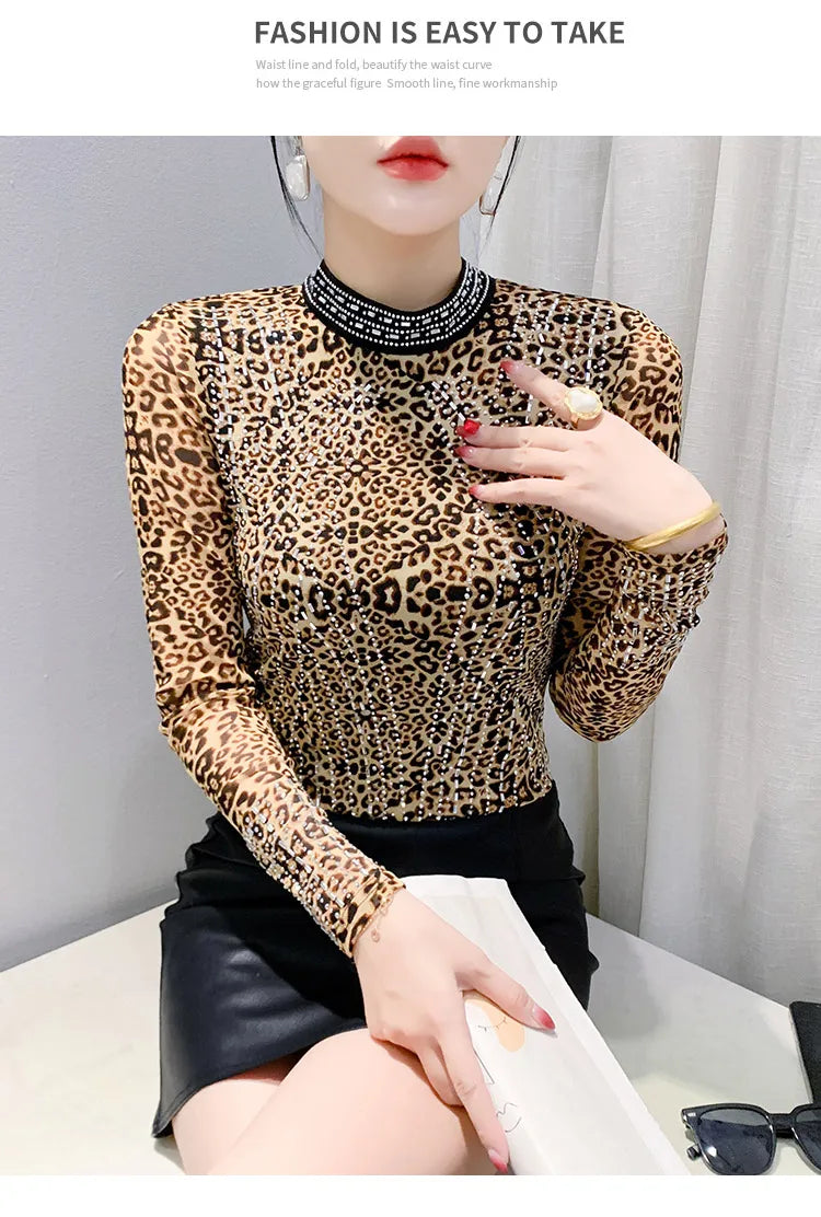 2025 European Station Long Sleeve Women Tees Autumn Winter New Stand collar Hot Diamond T Shirt Fashion Slim Mesh Tops