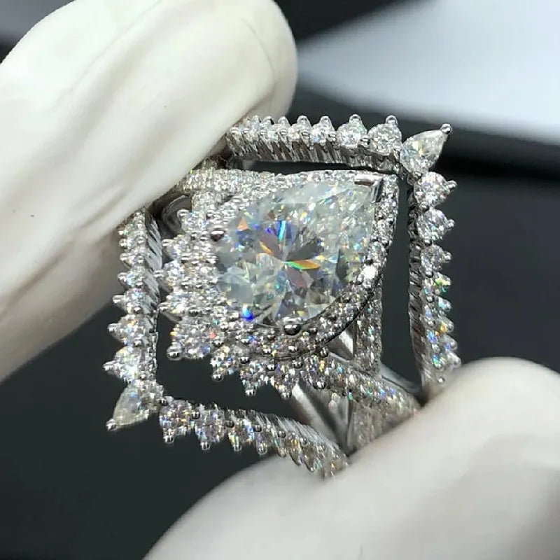Huitan Gorgeous Pear Cubic Zirconia Set Rings for Women New Fashion Wedding Accessories Temperament Female Jewelry Drop Shipping