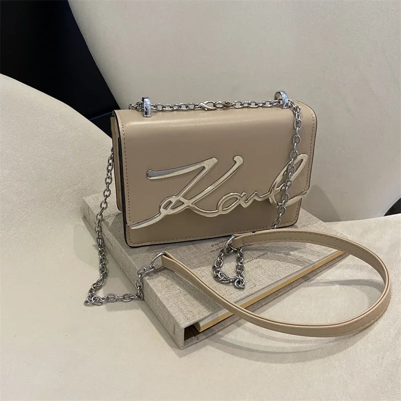 Fashionable Crossbody Bag Solid Color Shoulder Bag Metal Letter Logo ChainLink Strap Featuring Magnetic Button for Daily Use