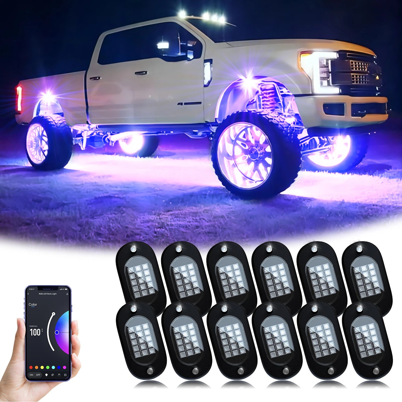 Honalia LED Rock Lights for Trucks 4/6/8/10/12 Pods RGB Truck Rock Lights Kits with App Control for ATV UTV RZR