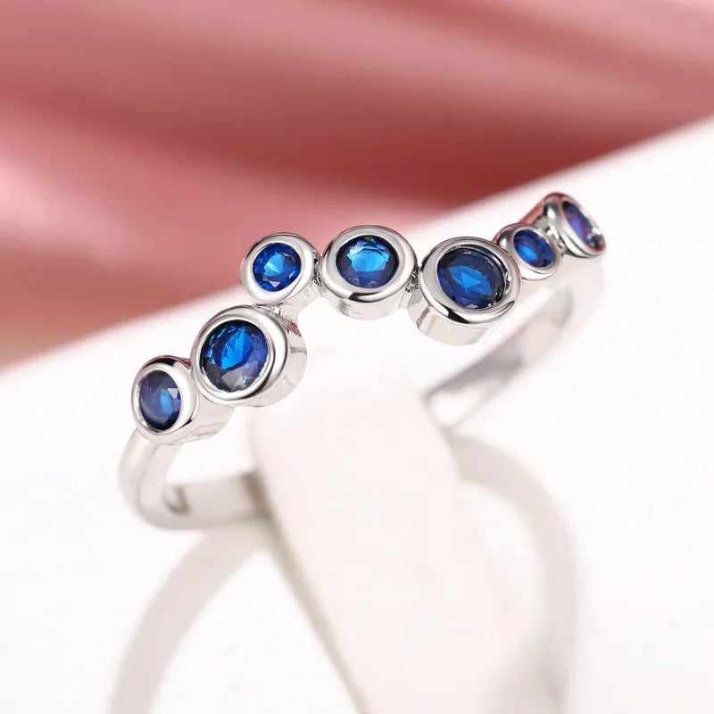 Huitan Elegant Blue Cubic Zirconia Thin Rings for Women Fancy Wedding Party Finger Accessories High Quality Silver Color Jewelry