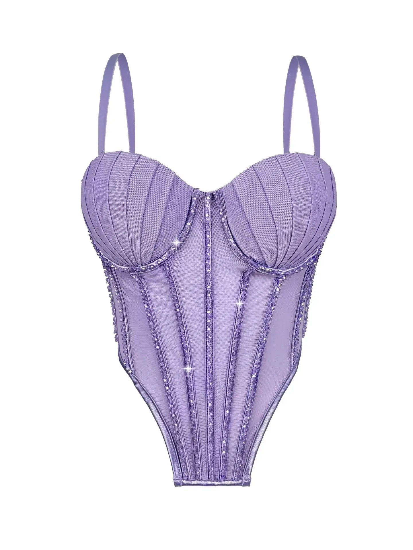 Sexy Mesh Design Camisole Vest Style Ladies Corset Tops with Chest Cushion Sparkling Diamond Decoration Fishbone Lingerie Tops