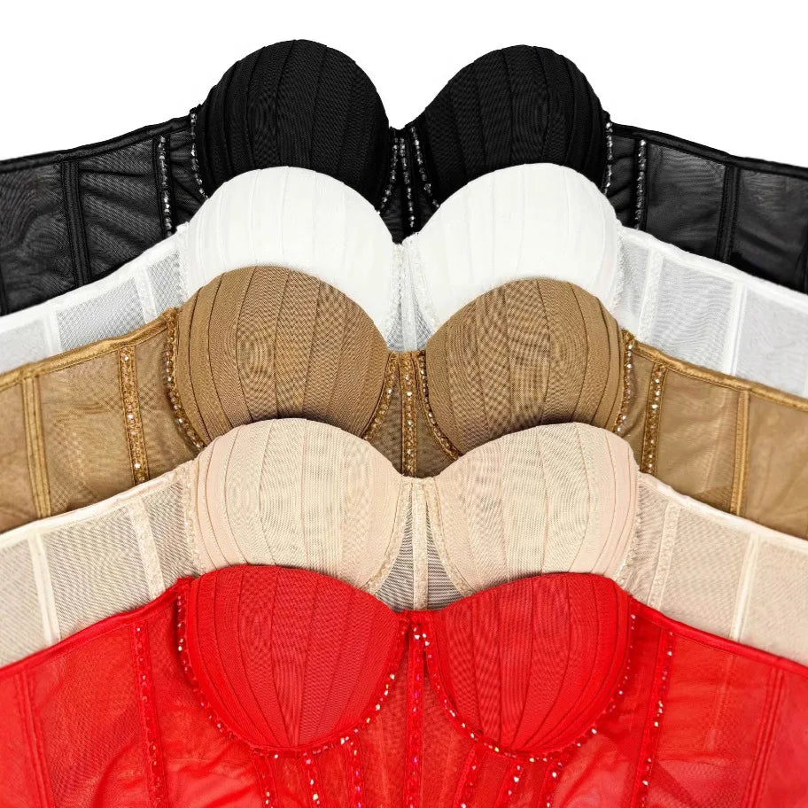 Sexy Mesh Design Camisole Vest Style Ladies Corset Tops with Chest Cushion Sparkling Diamond Decoration Fishbone Lingerie Tops