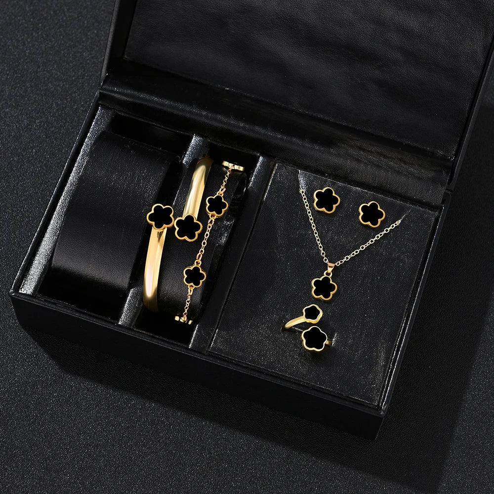 5pcs Lucky Five-petal Flower Women's Jewelry Set, Fashion Flower Bracelet + Necklace + Earrings + Bracelet + Ring, Birthday, Ann