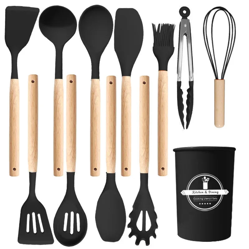 12Pcs/5pcs Silicone Kitchenware Non-Stick Cookware Kitchen Utensils Set Spatula Shovel Egg Beater Wooden Handle Cooking Tool Set